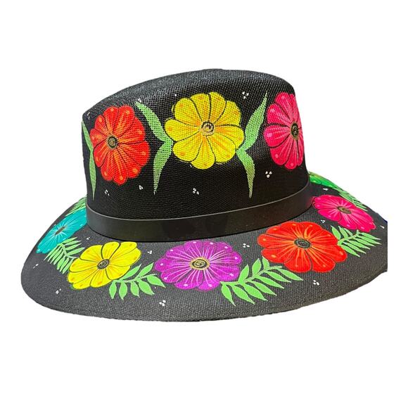 HAT MEXICAN Artisanal Hand Painted Fedora Floral Sombrero Panama Bohemian Black